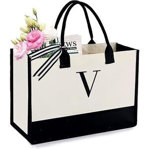 Embroidery Monogram Canvas Tote Bag Initial Personalized Gifts Bags For Birthday